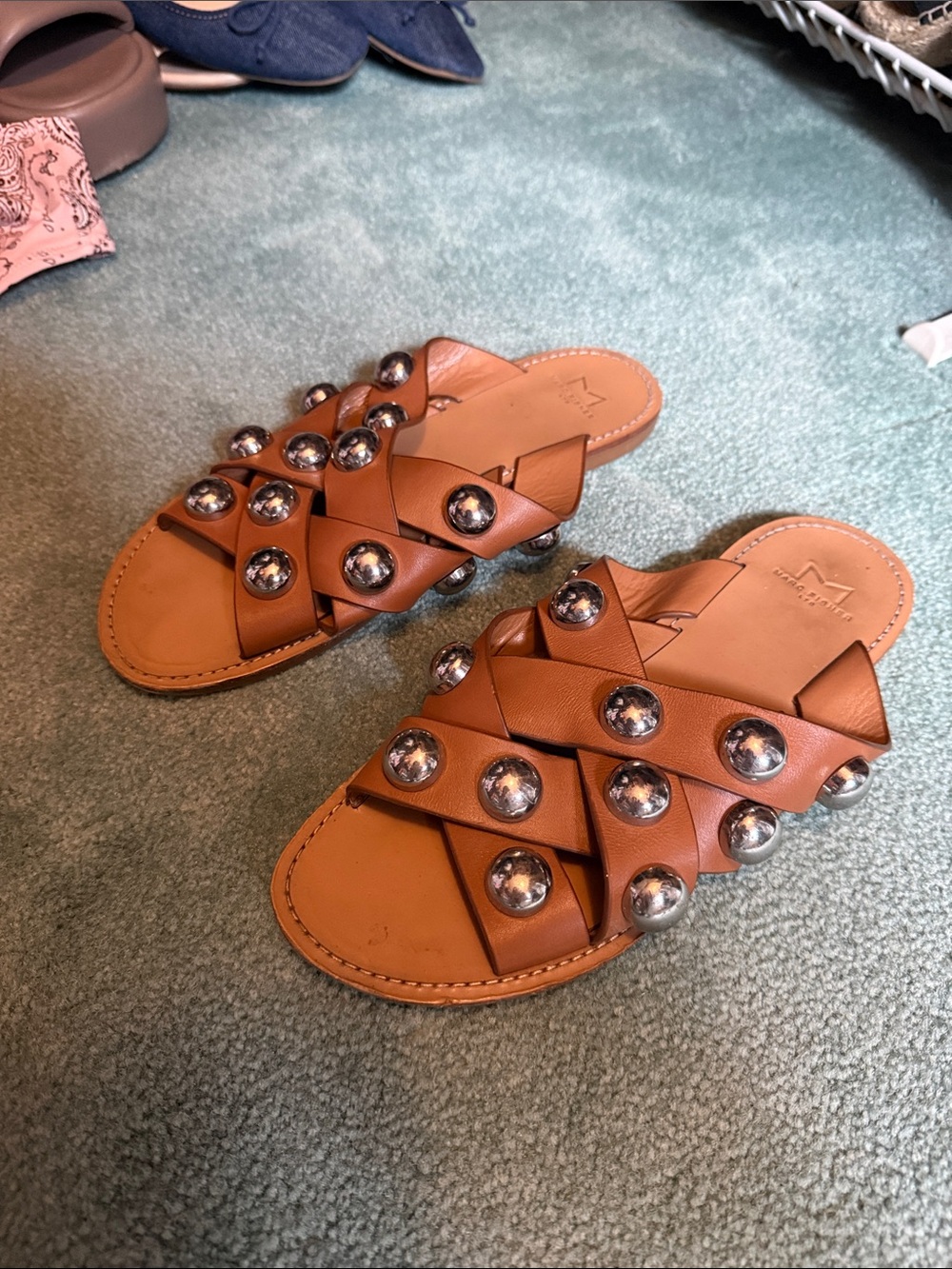 Marc Fisher Brown Leather Studded Slide Sandals